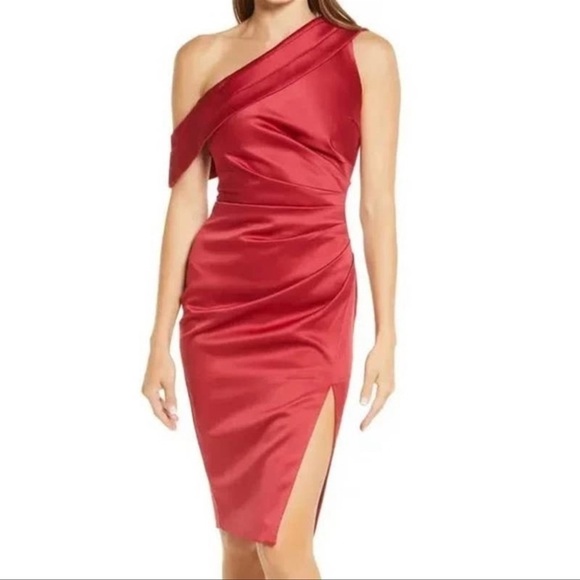 Lavish Alice Dresses & Skirts - Lavish Alice Pleated One Shoulder Satin Cocktail Midi Dress Red Burgundy 2 NWT